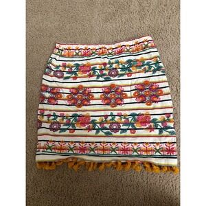Anthropologie THML Small Embroidered Floral Multicolor Mini Skirt Tassel Trim